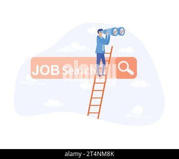 Recherche d'un nouvel emploi, trouver une opportunité, homme d'affaires grimper une échelle sur la barre de recherche d'emploi avec binoculaire pour voir l'opportunité, illustration moderne vectorielle plate Illustration de Vecteur