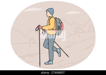 Gars avec sac à dos, bâtons pour la marche nordique allant dans la nature. Homme engagé dans le camping, le tourisme, le voyage. Voyage de remballage. Un mode de vie sain et actif. Illustration colorée de la ligne de contour vectorielle. Illustration de Vecteur