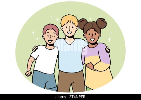 Garçons multiraciaux, câlin, sourire. Les enfants amis de différentes nationalités se tiennent ensemble. Des écoliers multiculturels, des écolières qui fréquentent la même école. Les écoliers soutiennent le concept vectoriel. Illustration de Vecteur