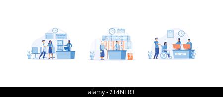 Réception moderne de la clinique, visite de l'hôpital, médecin heureux et patient, dame principale visitant la clinique médicale, salle d'attente avec patient handicapé, set fla Illustration de Vecteur