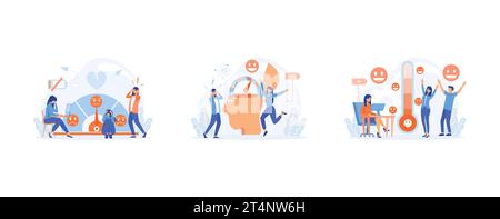 Les gens sont sur l'échelle de l'humeur, le taux de stress. Frustration et stress, surcharge émotionnelle, surmenage, diagnostic de dépression trouble mental, vec à plat Illustration de Vecteur