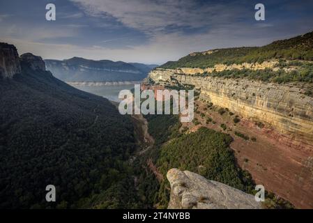 Vue depuis Morro de l'Abella vers le réservoir de Sau, presque vide en raison de la sécheresse de 2022-23, à Collsacabra (Osona, Barcelone, Catalogne, Espagne) Banque D'Images