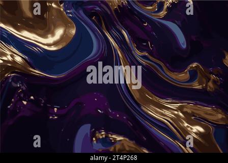 Peinture d'art fluide de luxe abstraite dans la technique de l'encre d'alcool, imitation de pierre de marbre taillée et mélange de peintures bleues et violettes, veines dorées brillantes Banque D'Images