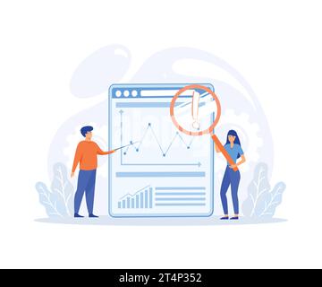 Big Data et Cloud Computing, personnages d'affaires utilisant des serveurs distants pour analyser de grands ensembles de données et reconnaître les erreurs, vecteur plat moderne il Illustration de Vecteur