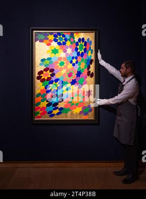 Christie's, Londres, Royaume-Uni. 1 novembre 2023. La vente en soirée d'art moderne et contemporain du Moyen-Orient, y compris des œuvres de la collection Dalloul, a lieu à Londres le 9 novembre. Les faits saillants incluent : LAILA SHAWA (1940 - 2022), rêves d'été (série Sahara). Estimation : 15 000 000 £ - 20 000 £. Crédit : Malcolm Park/Alamy Live News Banque D'Images