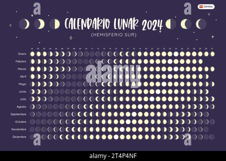 2024 Calendrier. Phases lunaires prévues à partir de l'hémisphère sud. Texte espagnol. Calendrier vue année. Vecteur EPS. Aucun texte modifiable. Illustration de Vecteur