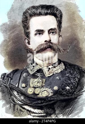 Umberto I., italienisch, Umberto Ranieri Carlo Emanuele Giovanni Maria Ferdinando Eugenio di Savoia ; 14. März 1844 - 29. Juli 1900, Spitzname ''der Gute'', war vom 9. Januar 1878 bis zu seiner Ermordung Am 29. Juli 1900 König von Italien, Reproduktion eines Bildes, Holzschnitt aus dem Jahr 1881, digitalrestauriert, Historisch / Umberto I., Italian, Umberto Ranieri Carlo Emanuele Giovanni Maria Ferdinando Eugenio di Savoia; 14 mars 1844 - 29 juillet 1900, surnommé le bon, fut le roi d'Italie du 9 janvier 1878 jusqu'à son assassinat le 29 juillet 1900, reproduction d'une image, gravure sur bois Banque D'Images