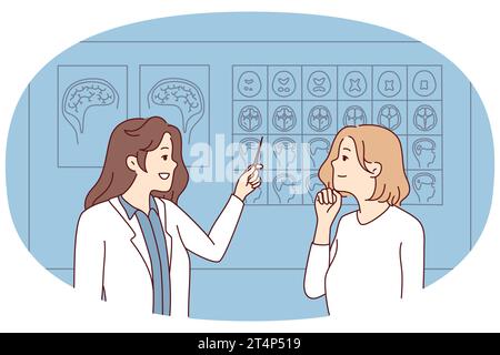 Femme médecin montrer des images du cerveau à la patiente pensive à l'hôpital. Neurologue consulter le client en clinique. Examen IRM et neurologie. Illustration vectorielle. Illustration de Vecteur