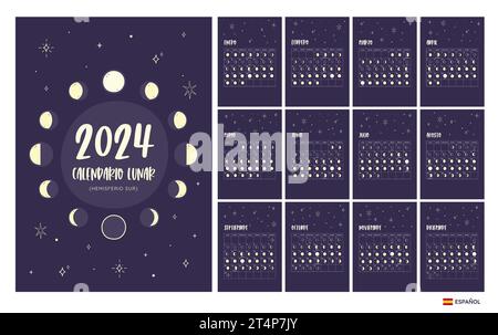 2024 Calendrier. Phases lunaires prévues à partir de l'hémisphère sud. Texte espagnol. Un mois par feuille. La semaine commence le lundi. Vecteur EPS. Aucun texte modifiable. Illustration de Vecteur