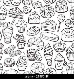 Motif sans couture de produits de dessert. Cupcakes, bonbons et pâtisseries. Illustration dessinée à la main. Articles de gribouillage isolés. Répéter le motif. Illustration vectorielle. Illustration de Vecteur