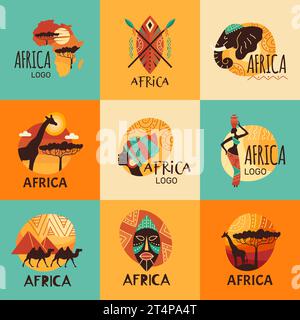 Logo Afrique. Badges de voyage ou modèles d'impression d'aventure avec symboles africains illustrations vectorielles récentes avec place pour le texte Illustration de Vecteur