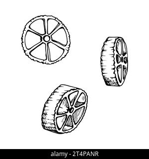 Illustration à l'encre vectorielle dessinée à la main. Types de pâtes cuisine italienne plat traditionnel rotelle. Ensemble d'éléments d'objet unique isolés sur blanc. Pour Illustration de Vecteur