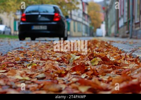 Wernigerode, Allemagne. 01 novembre 2023. Feuilles d'automne colorées se trouvent dans la rue dans le centre-ville de Wernigerode. Les prochains jours devraient rester doux, mais peu de perspective de soleil. Crédit : Matthias Bein/dpa/Alamy Live News Banque D'Images