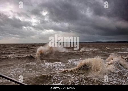 Swansea, Royaume-Uni. 01 novembre 2023. Les mers orageuses côtoient Swansea Marina aujourd'hui alors que Storm Ciarán traverse le Royaume-Uni apportant des vents violents et des pluies torrentielles. Crédit : Phil Rees/Alamy Live News Banque D'Images