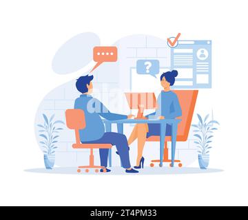 Entretien d'embauche. un homme parlant à une jeune femme avec un ordinateur portable. illustration moderne vectorielle plate Illustration de Vecteur