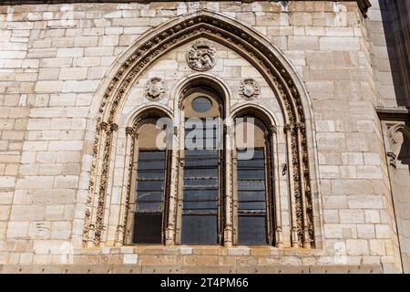 Fenêtre gothique richement décorée avec des arches sculptées de la cathédrale de Tolède (la cathédrale primatiale de Sainte Marie de Tolède), Espagne. Banque D'Images