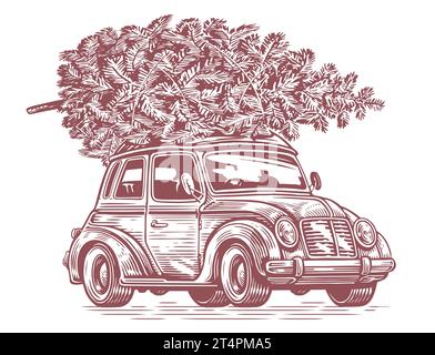 Voiture rétro avec arbre de Noël sur le dessus. Illustration vectorielle d'esquisse vintage Illustration de Vecteur