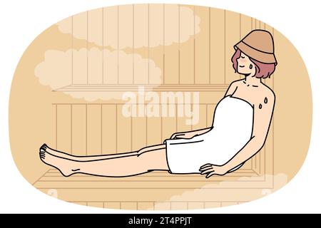 Femme dans un chapeau en feutre enveloppé dans une serviette de corps assis, transpirant sur le banc dans le sauna. Fille se détend, aime dans la salle de bain. Madame passe du temps au spa. Procédure de rétablissement de l'état de santé. Illustration vectorielle colorée. Illustration de Vecteur