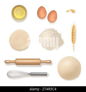 Aliments de boulangerie. Ingrédients et articles de cuisine oeufs assiettes de farine vecteur décent modèle réaliste Illustration de Vecteur