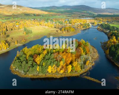Vue aérienne de la petite île Tom Dubh avec des bois aux couleurs automnales sur le Loch Insh à River Spey, Kincraig, Scottish Highlands, Écosse, Royaume-Uni Banque D'Images