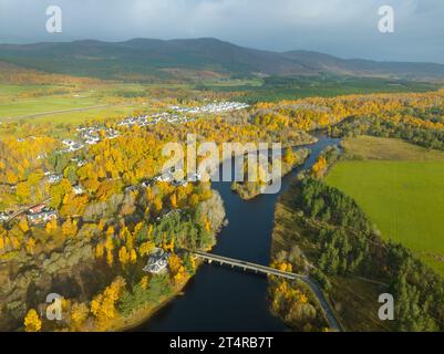 Vue aérienne de la rivière Spey et des couleurs d'automne dans les bois à , Kincraig, Highlands écossais, Écosse, Royaume-Uni Banque D'Images