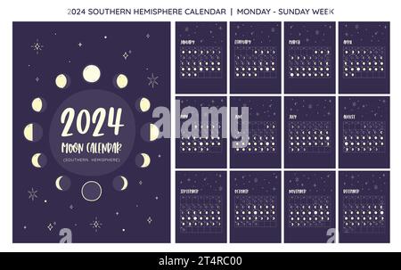 2024 Calendrier. Phases lunaires prévues à partir de l'hémisphère sud. Un mois par feuille. La semaine commence le lundi. Vecteur EPS. Aucun texte modifiable. Illustration de Vecteur