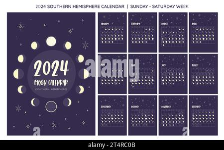 2024 Calendrier. Phases lunaires prévues à partir de l'hémisphère sud. Un mois par feuille. La semaine commence le dimanche. Vecteur EPS. Aucun texte modifiable. Illustration de Vecteur