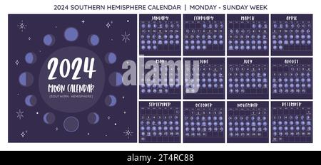 2024 Calendrier. Phases lunaires prévues à partir de l'hémisphère sud. Format carré. Un mois par feuille. La semaine commence le lundi. Vecteur EPS. Aucun texte modifiable. Illustration de Vecteur