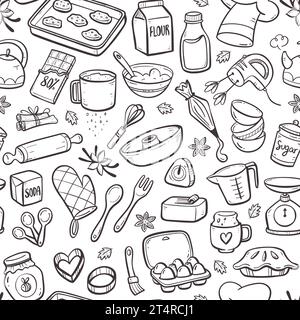Modèle sans couture pour produits de boulangerie maison. Illustration de doodle dessinée à la main isolée sur fond blanc. Répéter le motif. Illustration vectorielle. Illustration de Vecteur