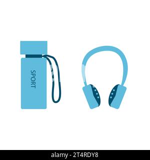 Une bouteille d'eau et des écouteurs. Divers équipements sportifs. Appareils de fitness, accessoires de yoga et de gym. Le concept d'un mode de vie sain Illustration de Vecteur