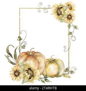 Citrouille aquarelle et tournesols encadrent clipart. Illustration de bordure florales d'automne, période de récolte Banque D'Images