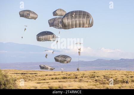 Zone d'entraînement de Pohakuloa, États-Unis. 31 octobre 2023. Les parachutistes de l'armée américaine, avec la 11e division aéroportée descendent en parachutes après avoir sauté d'un avion de transport C-17 lors du multinational joint Pacific multinational Readiness Center 24-01 dans la zone d'entraînement de Pohakuloa, le 31 octobre 2023 à Mauna Loa, Hawaï. Crédit : SPC. Mariah Aguilar/US Army/Alamy Live News Banque D'Images