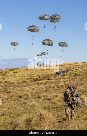 Zone d'entraînement de Pohakuloa, États-Unis. 31 octobre 2023. Les parachutistes de l'armée américaine, avec la 11e division aéroportée descendent en parachutes après avoir sauté d'un avion de transport C-17 lors du multinational joint Pacific multinational Readiness Center 24-01 dans la zone d'entraînement de Pohakuloa, le 31 octobre 2023 à Mauna Loa, Hawaï. Crédit : SPC. Mariah Aguilar/US Army/Alamy Live News Banque D'Images