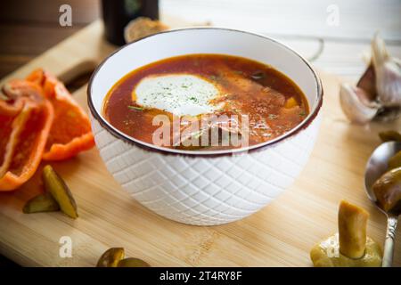 Soupe végétarienne cuite de betteraves avec des champignons et d'autres légumes dans un bol avec des épices, sur une table en bois. Banque D'Images