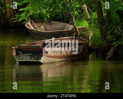 Trebbin, Allemagne. 30 juillet 2023. 30.07.2023, Trebbin. Deux anciens enclos de pêche se trouvent sur la rivière Nieplitz à Blankensee, un quartier de Trebbin. Crédit : Wolfram Steinberg/dpa crédit : Wolfram Steinberg/dpa/Alamy Live News Banque D'Images
