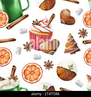Motif sans couture aquarelle avec illustration de Noël avec mandarine fraîche, guimauve, biscuits croustillants de pain d'épice, cannelle, anis et muffin sucré Banque D'Images