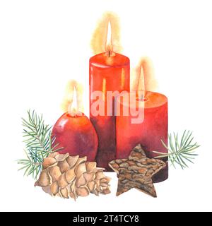 Composition d'aquarelle de Noël avec bougies rouges, cône de sapin, branches de sapin et écorce d'arbre. Conception pour cartes, invitations, papier d'emballage, textile Banque D'Images