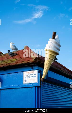 oiseaux pigeon mouette assis sur le dessus du vendeur de crème glacée saisonnier fermé à côté du grand cône modèle southsea portsmouth angleterre royaume-uni Banque D'Images