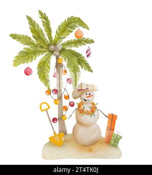 Peinture aquarelle joyeuse de noël des Caraïbes avec bonhomme de neige, palmiers arbre de Noël et guirlande. Carte postale du nouvel an sur la plage tropicale Banque D'Images
