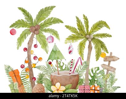 Peinture aquarelle joyeuse de noël des Caraïbes avec coctail de noix de coco et palmier de Noël. Boisson tropicale du nouvel an sur la plage avec sucettes et cadeaux Banque D'Images