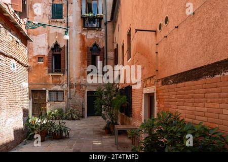 Bâtiments avec des plantes en pot à Venise, Italie. Charmante vieille façade patinée avec volets. Banque D'Images