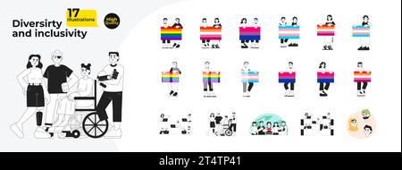 LGBTQ inclusive ensemble d'illustrations plates de dessins animés noir et blanc pour adultes Illustration de Vecteur