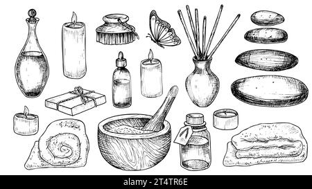 Ensemble spa avec bouteilles, serviette, mortier et pilon. Illustrations vectorielles dessinées à la main en noir et blanc pour clipart ou design cosmétique de beauté. Big bundle pour l'aromathérapie ou la médecine alternative. Illustration de Vecteur