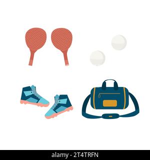 Divers équipements sportifs. Set de tennis de table, sac de sport avec baskets, raquettes de tennis avec balles de ping-pong. Le concept d'un mode de vie sain. Vecteur Illustration de Vecteur