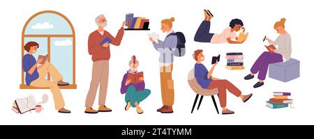 Les gens lisent des livres. Étudiants avec des volumes de littérature en main. Lecteurs dans la bibliothèque. L'éducation scolaire. Enfants intelligents apprenant des manuels et préparant Illustration de Vecteur