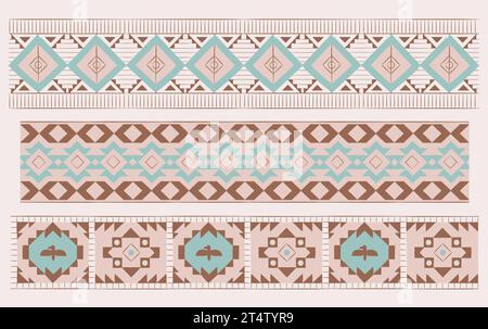 Ensemble d'ornement indien amérindien. Aztèque, tribal navajo, bordure géométrique sans couture. Illustration de Vecteur