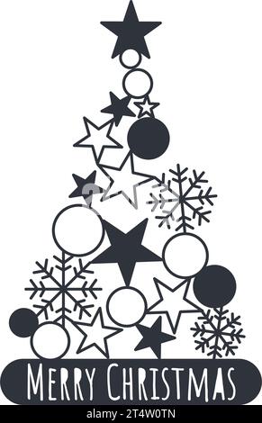 Arbre de Noël silhouette d'encre avec des étoiles, des flocons de neige et des boules. Arbre festif original avec félicitations. Mary Christmas lettrage, vecteur Illustration de Vecteur