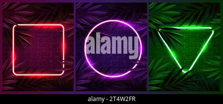 Cadre au néon avec des feuilles tropicales sur fond de mur de brique. Bannière rétro. Illustration vectorielle Illustration de Vecteur