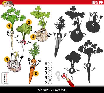 Illustration de dessin animé de trouver les bonnes ombres aux images jeu éducatif avec des personnages végétaux Illustration de Vecteur