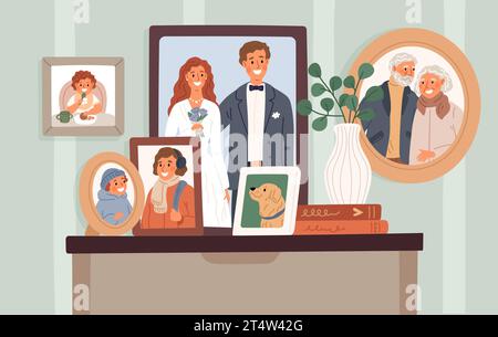 Photos de famille situées sur la commode. Portraits encadrés avec des parents heureux, grands-parents et enfants. Parents générations. Intérieur de la maison. Mariage Illustration de Vecteur